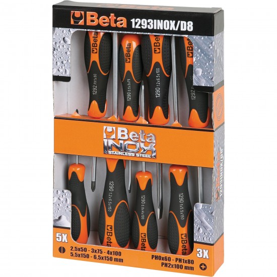 КОД:012930408 / 1293INOX/D8 - Комплект от 8 броя отвертки, серия INOX, прави и кръстати / 1293INOX/D8 от Beta категория Инструменти от неръждаема стомана от Beta-Tools.bg